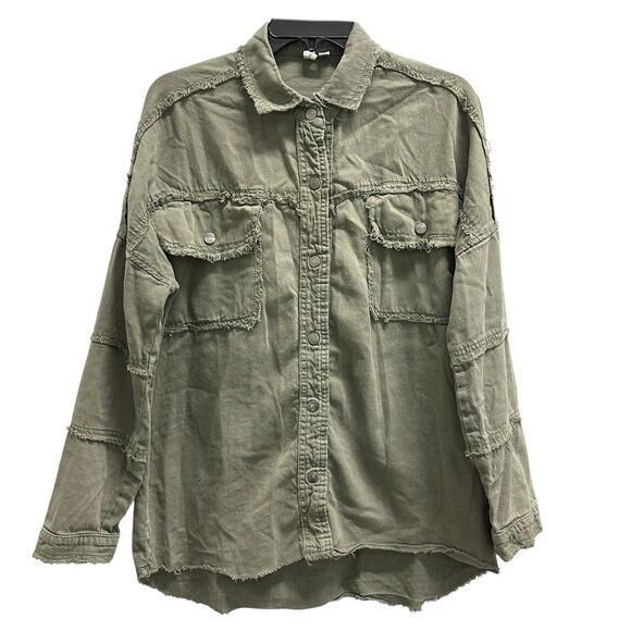 Elan Dolly Green Cotton Distressed Shirt Jacket All You Need Is Love Size XS - Picture 1 of 8